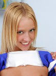 Blond cheerleader with blue dildo